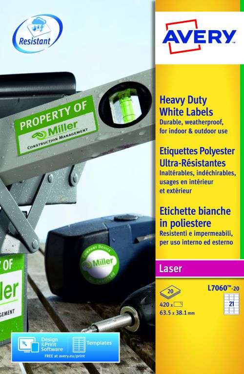 Avery L7060-20 Resistant Labels 20 sheets - 21 Labels per Sheet
