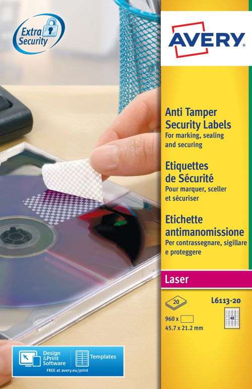 Avery L6113-20 Anti-Tamper Labels 20 sheets - 48 Labels per Sheet