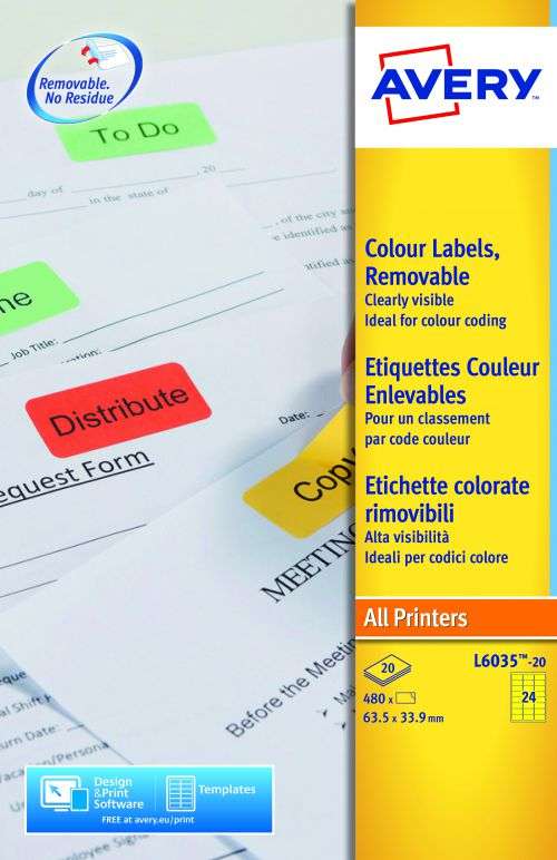 Avery L6035-20 Yellow Removable Labels 20 sheets - 24 Labels per sheet
