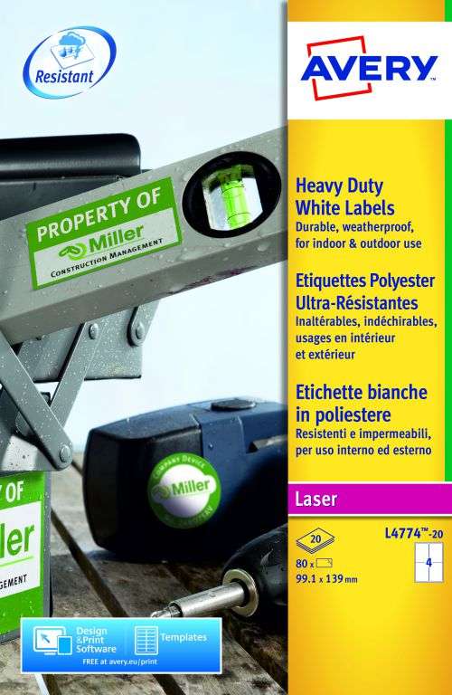Avery L4774-20 Resistant Labels 20 sheets - 4 Labels per Sheet