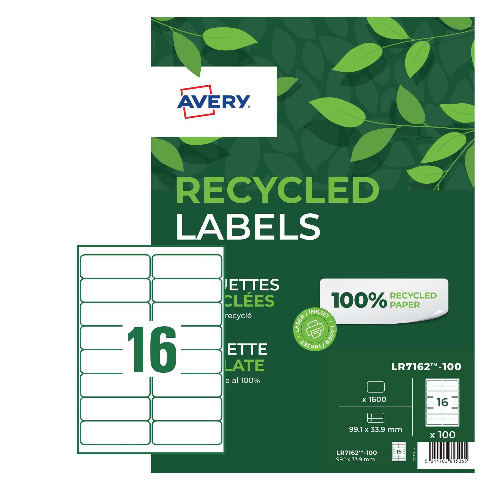 Avery LR7162-100 Recycled Address Labels 100 sheets - 16 Labels per Sheet