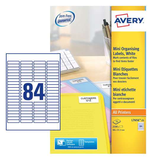 Avery L7656-25 46 x 11.1mm Mini Multipurpose Labels 25 Sheets - 84 Labels per Sheet