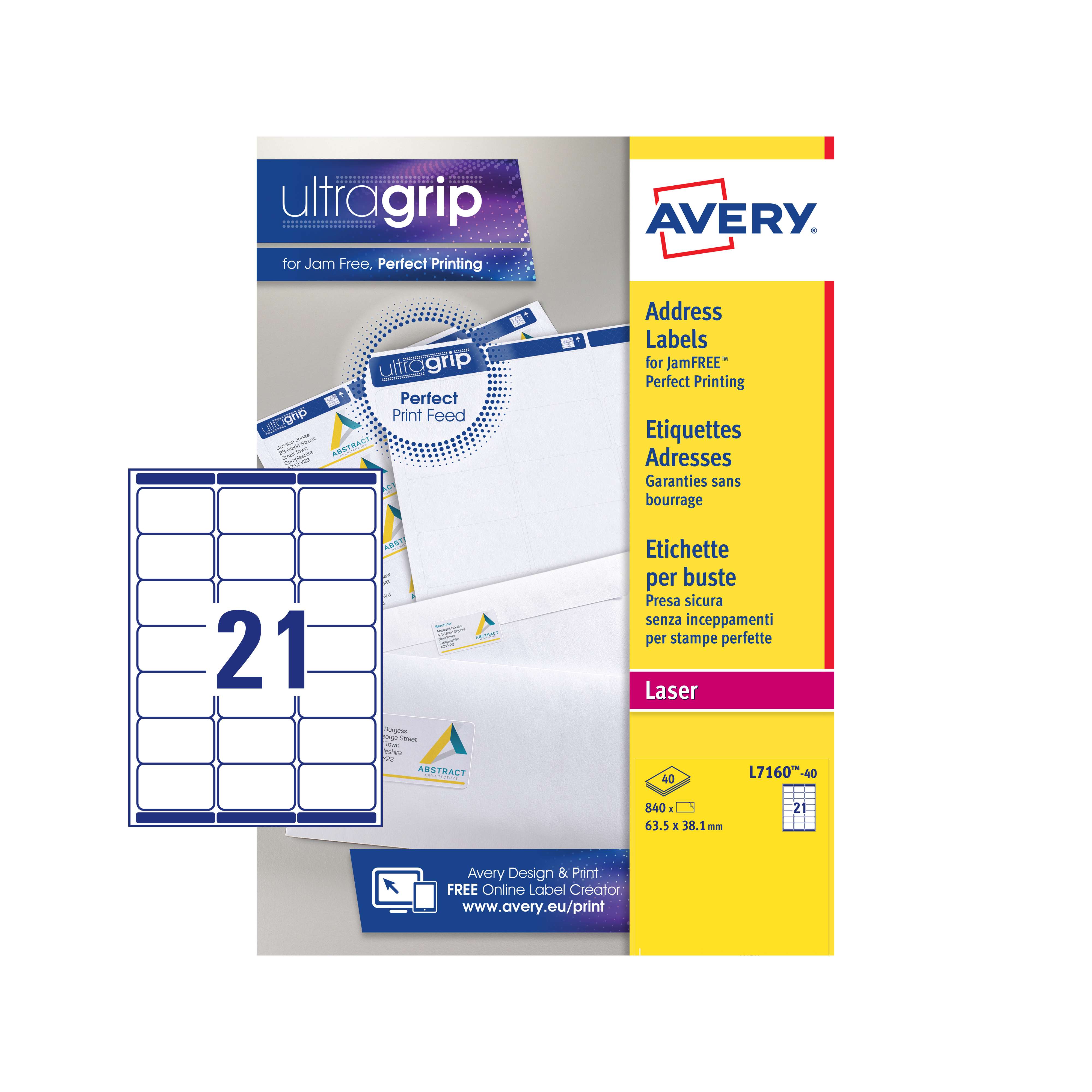 Avery L7160-40 Address Labels 40 sheets - 21 Labels per Sheet