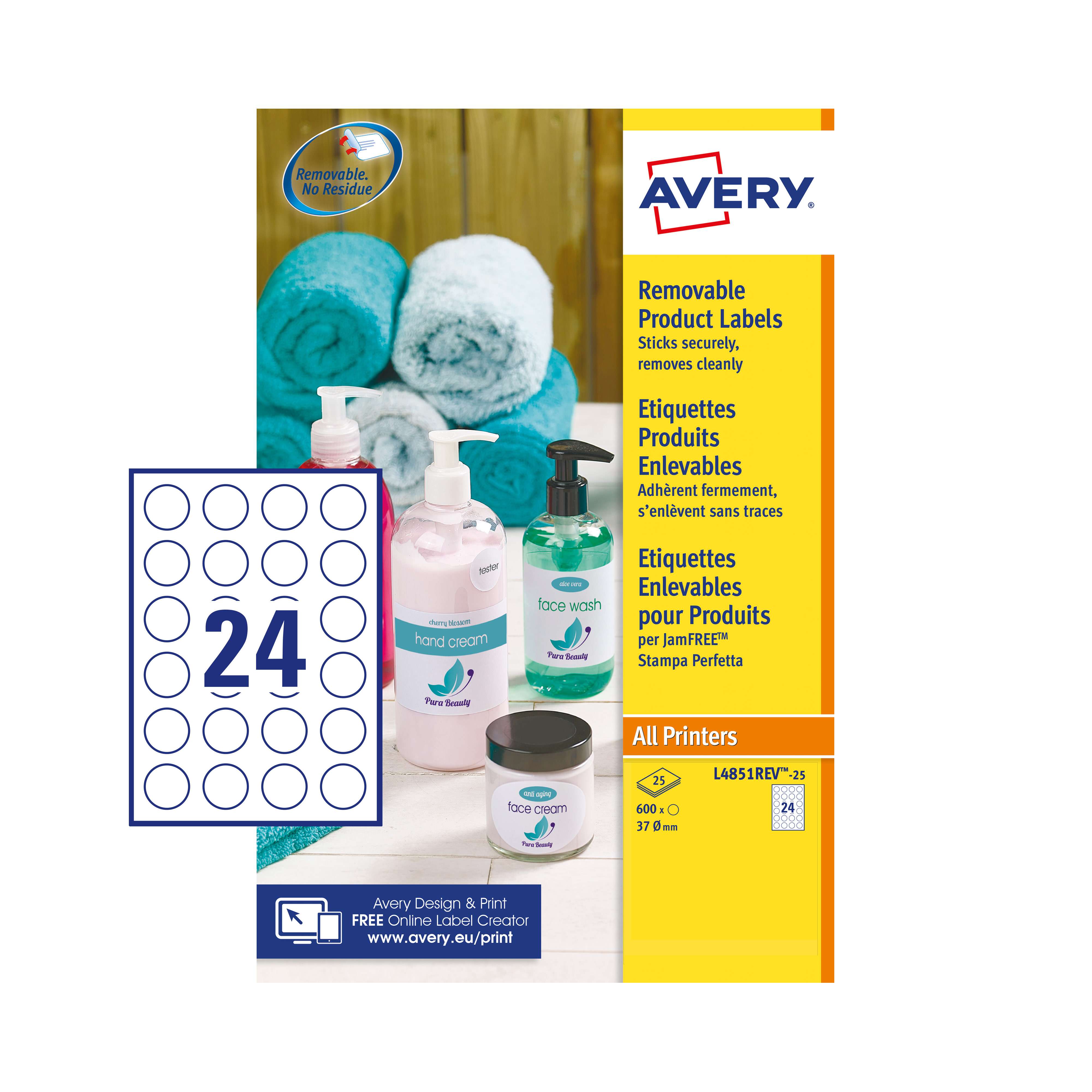 Avery L4851REV-25 37mm Removable Round Labels 25 Sheets - 24 Labels per Sheet