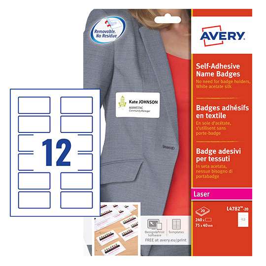 Avery L4782-20 75 x 40mm Self Adhesive Silk Name Badges 20 Sheets - 12 Labels per Sheet