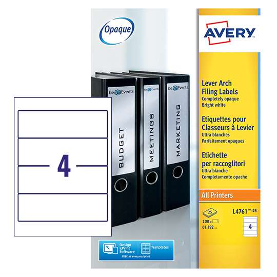 Avery L4761-25 192 x 61mm Filing Labels 25 Sheets - 4 Labels per Sheet