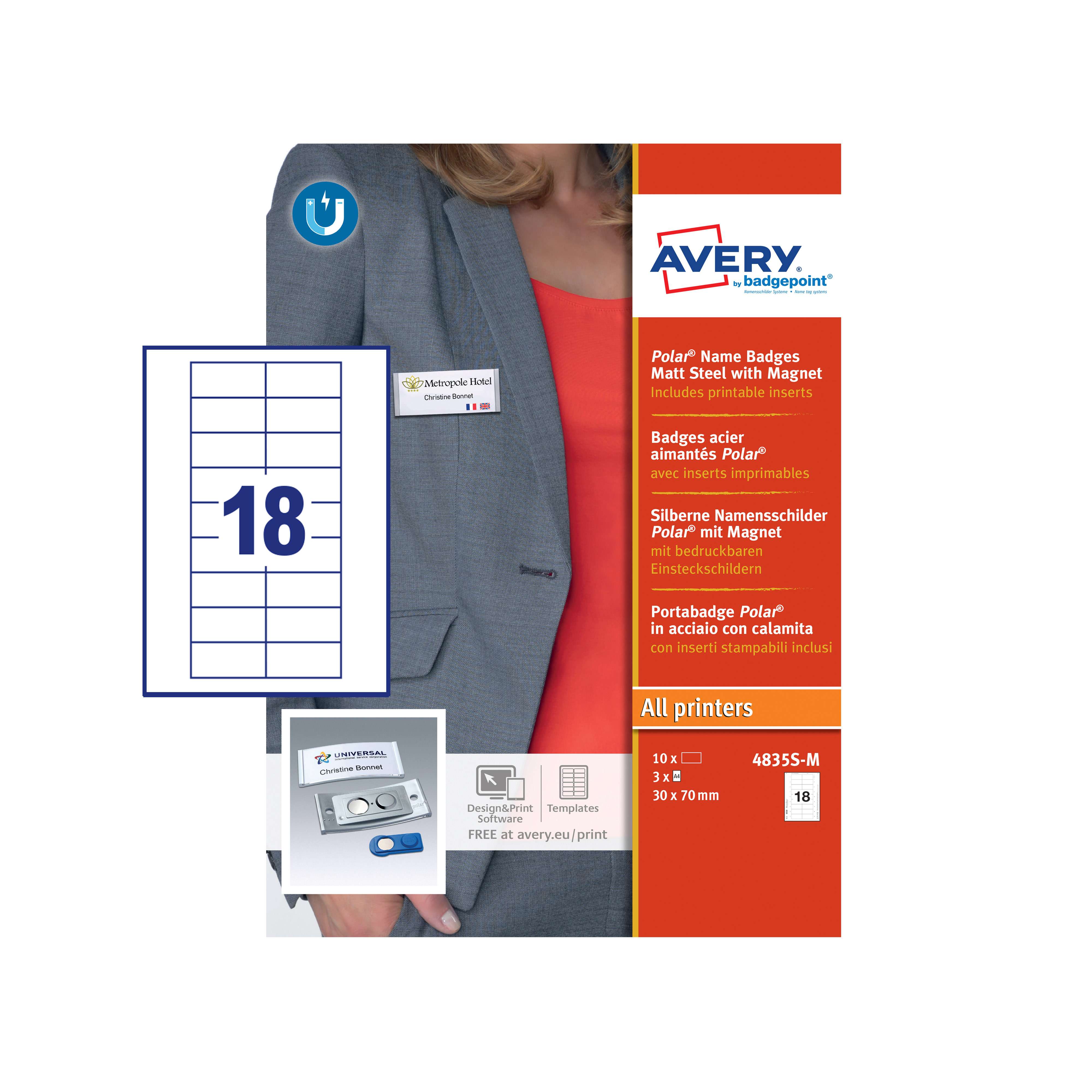 Avery 4835S-M Polar Name Badges - Matt Steel with Magnet