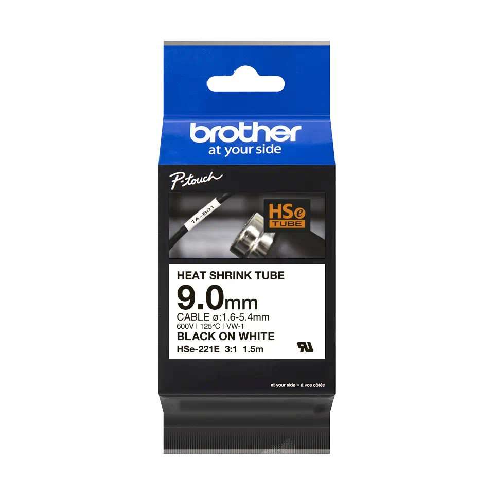 Brother HSE-221E 9mm Black on White Heat Shrink Tube