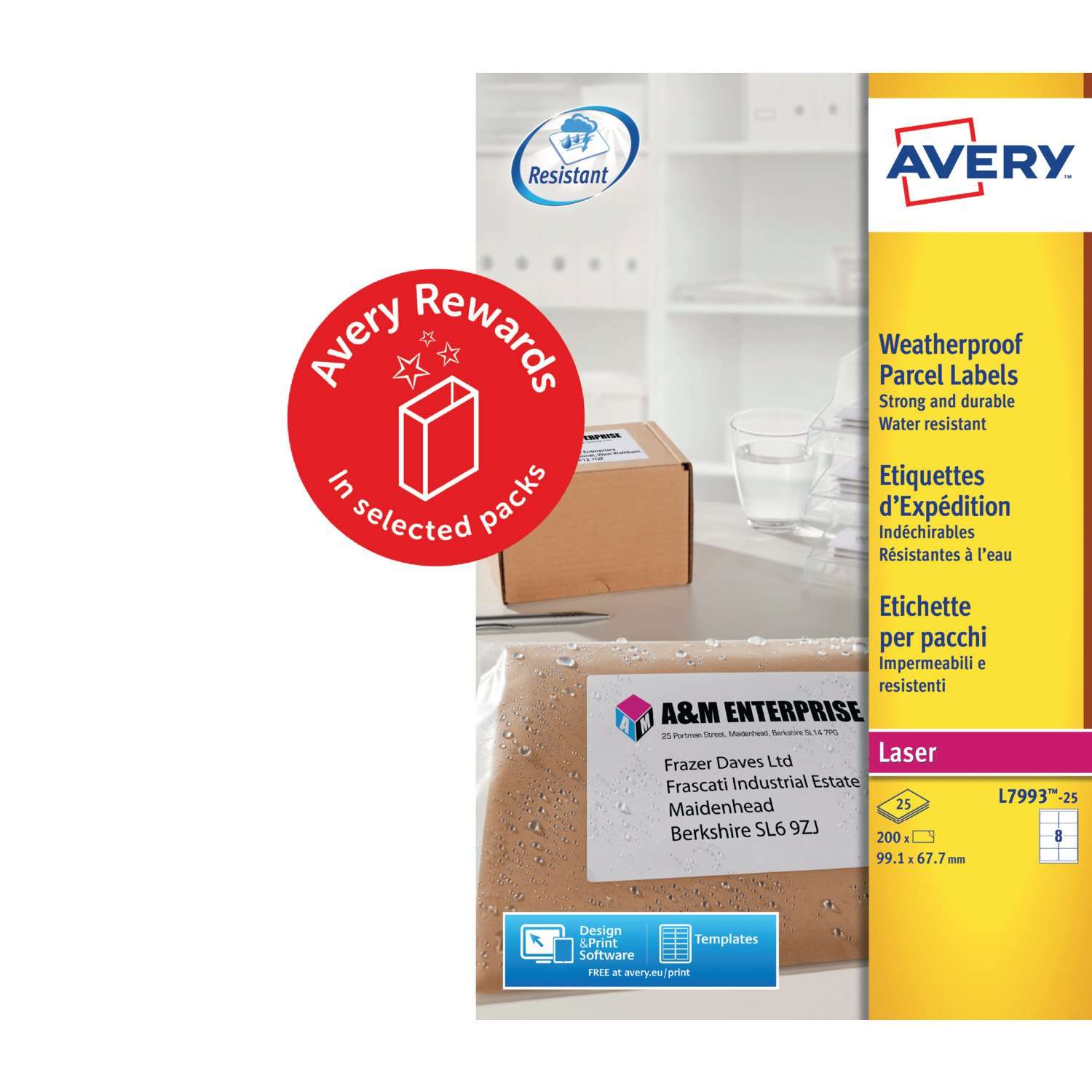 Avery L7993-25 Waterproof Labels 25 sheets - 8 Labels per Sheet