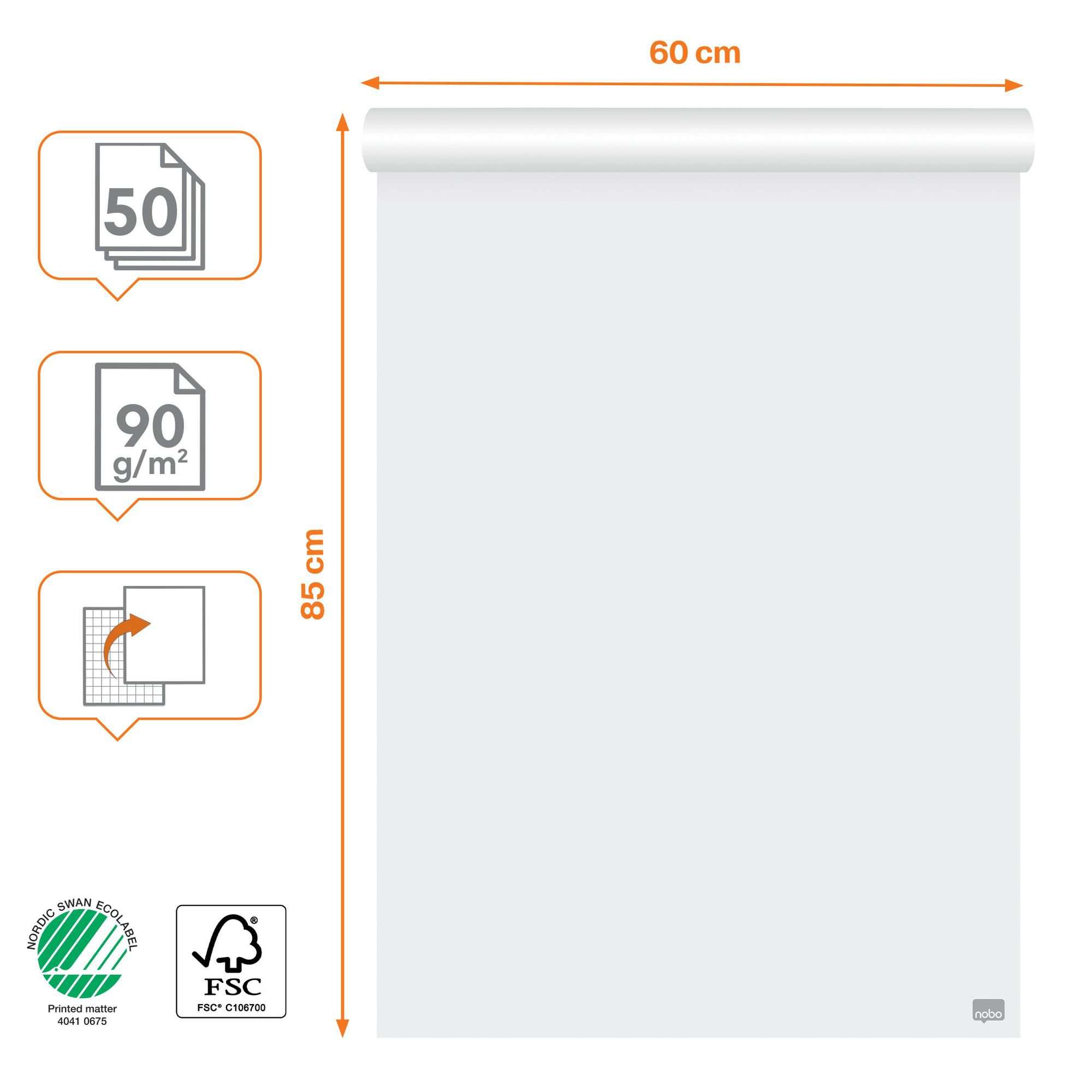 Nobo 1915657 Premium Flipchart Pad 60x85cm Dual-Sided Plain or Gridded Paper 50 sheets